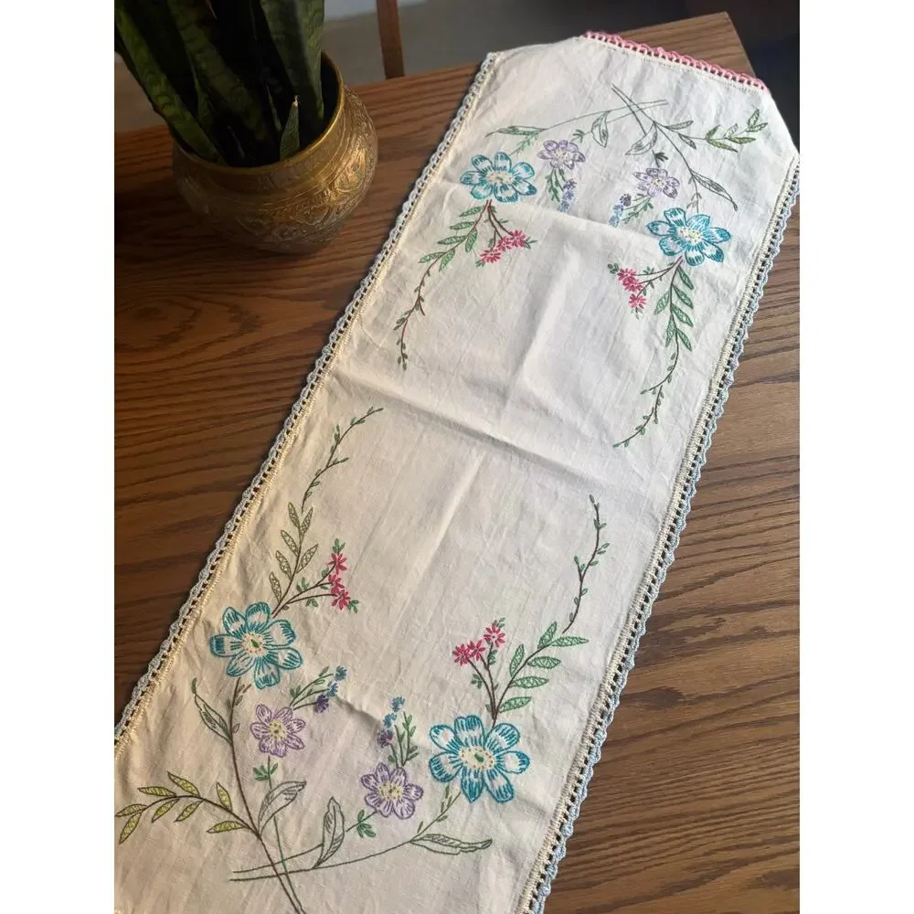 Vintage Hand Embroidery Table Runner Floral Embroidered Cotton Runner 42 X 16”